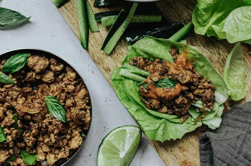 Chicken Larb & Cucumber with Red Curry Almond Butter