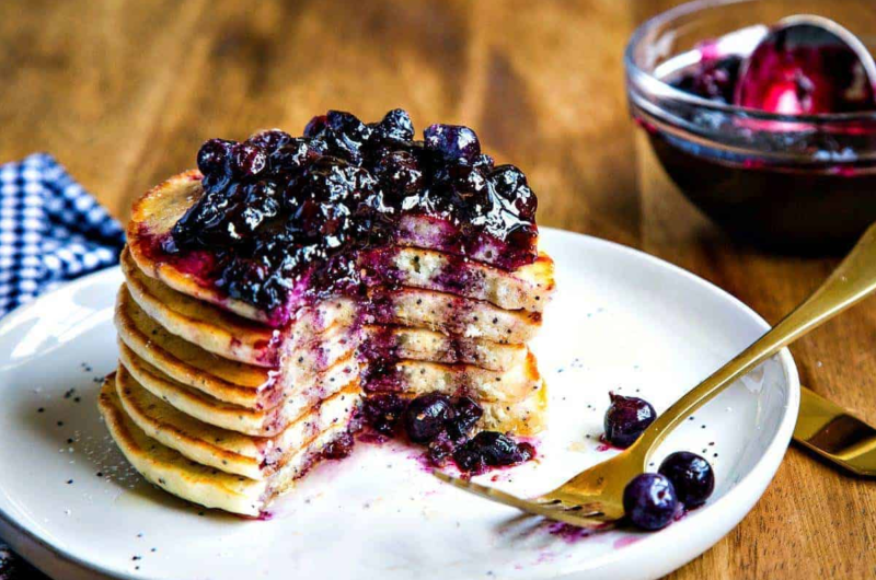 Almond Poppy seed Pancakes with Berry Syrup