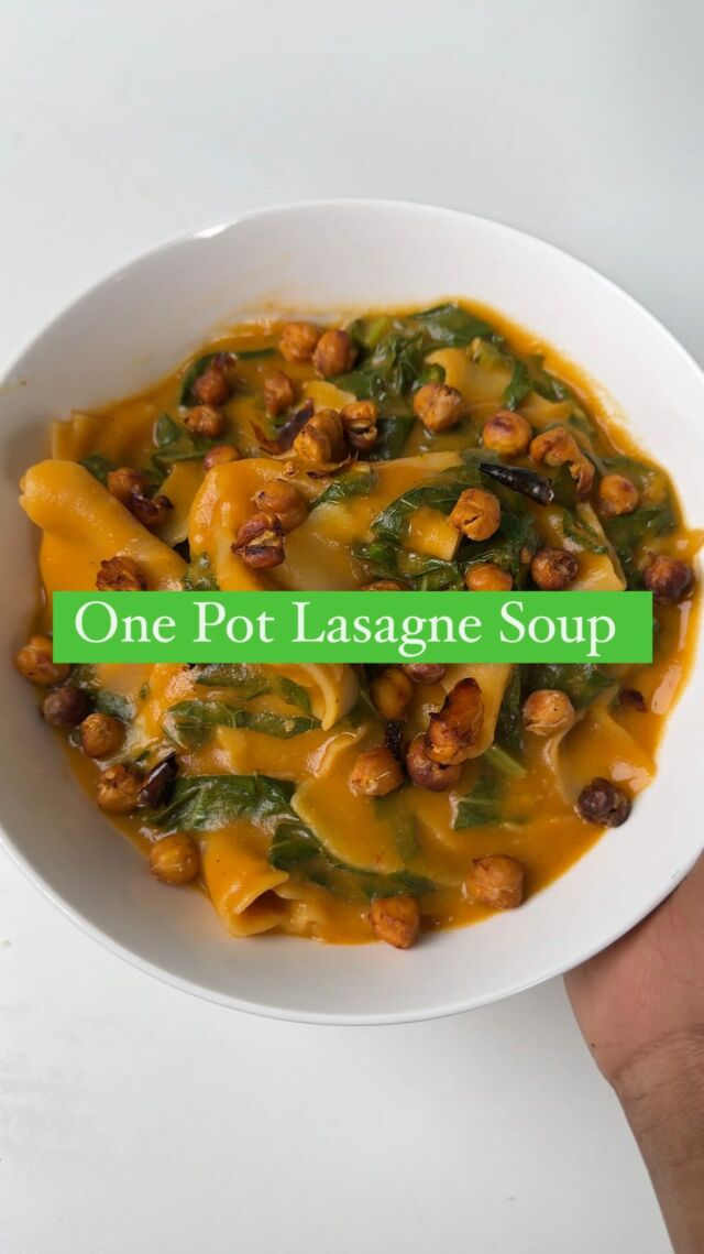 One Pot Lasagne Soup 😋🥕🥣

FOR THE CRISPY CHICKPEAS
1 x 400g tin chickpeas drained
1 tablespoon harissa paste
1 tablespoon olive oil
pinch of sea salt

FOR THE SOUP
1 whole bulb garlic cloves separated, skin-on
2 tablespoons olive oil
1 onion thinly sliced
2 carrots finely diced
2 sticks of celery finely diced
small handful of thyme (about 15g / 0.5 oz) leaves picked
pinch of dried red chilli flakes
1 tablespoon white miso paste
1 x 400g tin plum tomatoes
1 x 400ml tin coconut milk
800ml vegetable stock
½ small jar sun-dried tomatoes (about 6)
1 teaspoon maple syrup
8 dried lasagne sheets (about 150g / 5.3 oz) each broken into thirds
1 bunch of cavolo nero (about 200g / 7 oz) sliced (you can also use kale, spinach, cabbage)

Full recipe on our website- tap link in bio!
