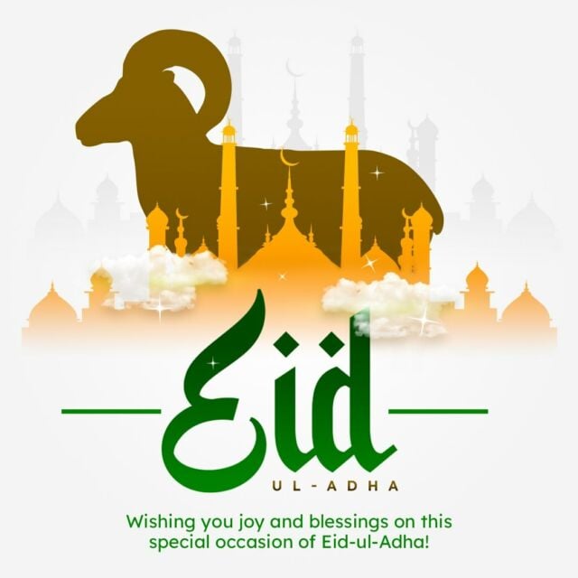 Eid Mubarak! 🌙✨ May your Eid ul-Adha be filled with happiness, love, and cherished moments with family and friends! 🐐🌟